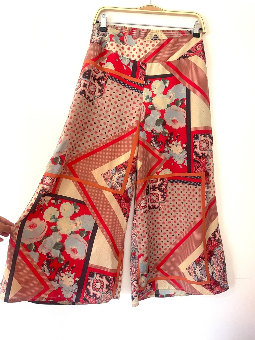 Bar III Red and Cream Wide-Leg Patchwork Floral Pants